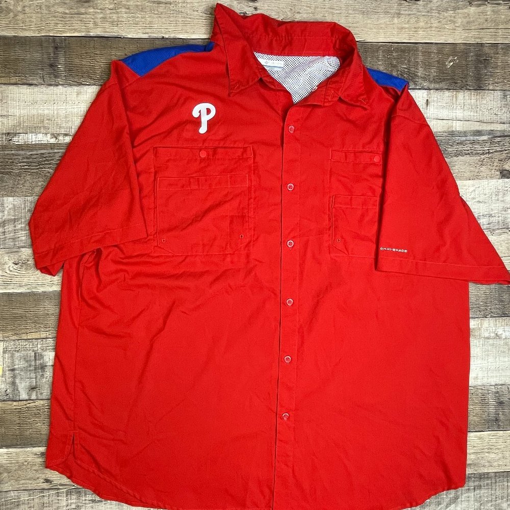 Columbia Men 3XL Fishing Button Shirt PFG Philadelphia Phillies MLB Red Sun UPF